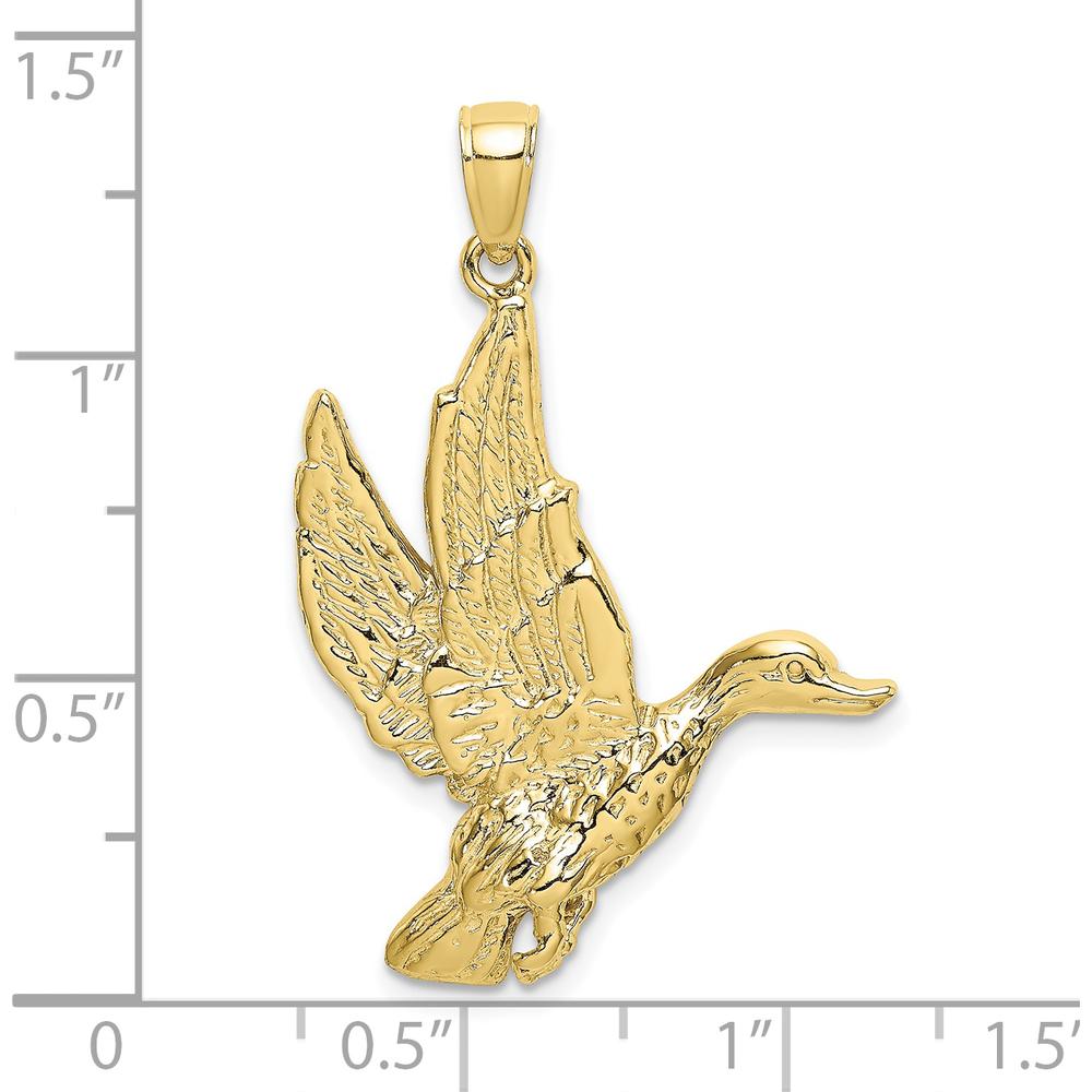 10K Yellow Gold Flying Mallard Duck Charm with Textured Finish - 35.8mm Length