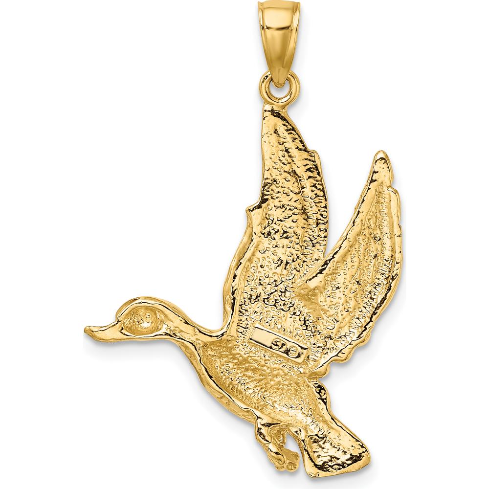 10K Yellow Gold Flying Mallard Duck Charm with Textured Finish - 35.8mm Length