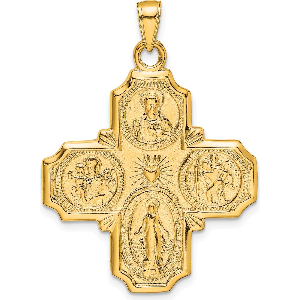 10K Yellow Gold Four-Way Medal Pendant - Religious Symbol with Sacred Heart, Virgin Mary, St. Joseph & Christ Design