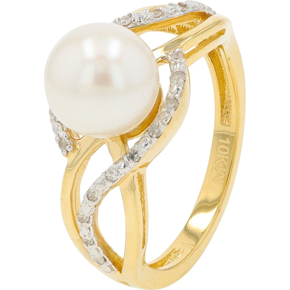 10K Yellow Gold Free-Form Ring with Cultured Pearl and Diamond Accents - 0.20 Carat Total Diamond Weight