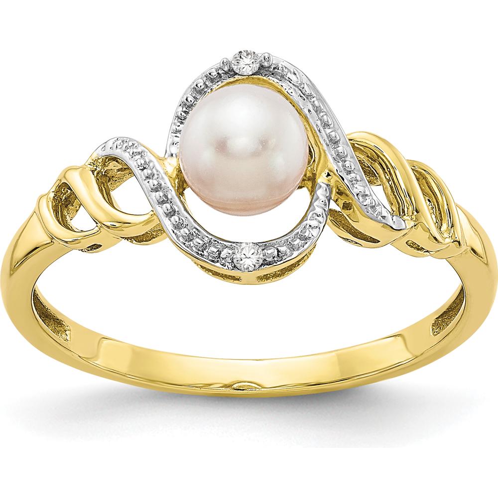 10K Yellow Gold Freshwater Cultured Pearl and Diamond Ring with 2 Round Diamonds - 0.01 Carat Total Diamond Weight