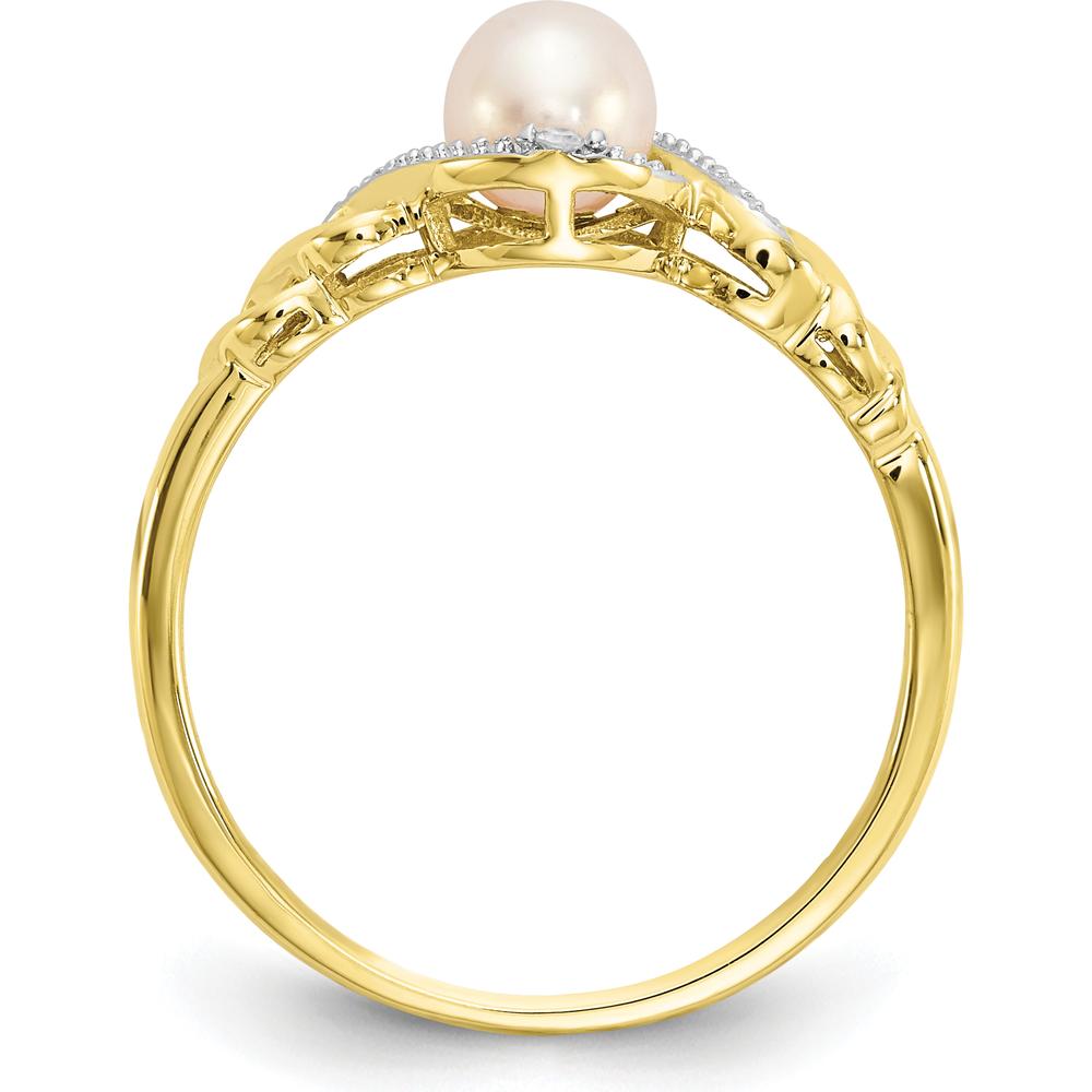 10K Yellow Gold Freshwater Cultured Pearl and Diamond Ring with 2 Round Diamonds - 0.01 Carat Total Diamond Weight