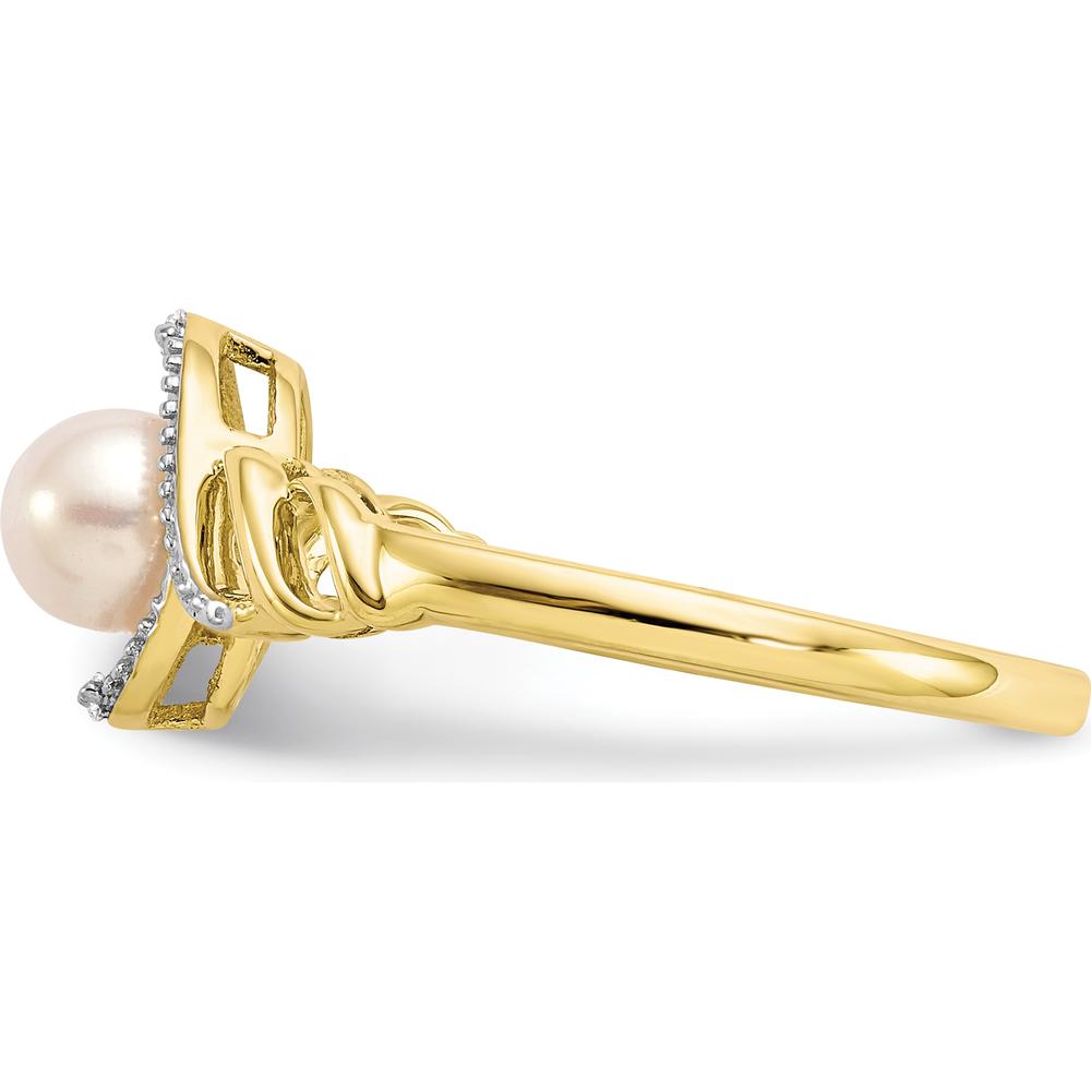10K Yellow Gold Freshwater Cultured Pearl and Diamond Ring with 2 Round Diamonds - 0.01 Carat Total Diamond Weight