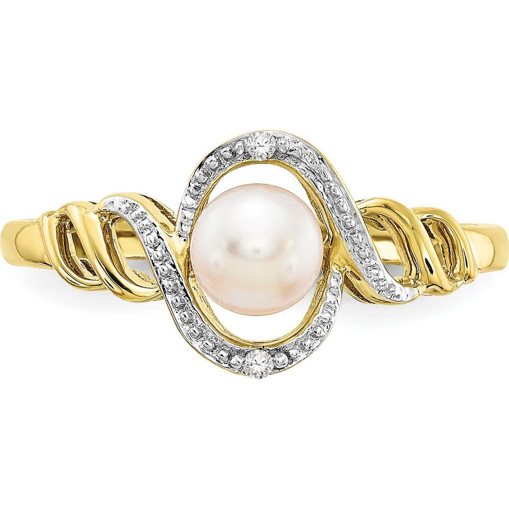 10K Yellow Gold Freshwater Cultured Pearl and Diamond Ring with 2 Round Diamonds - 0.01 Carat Total Diamond Weight