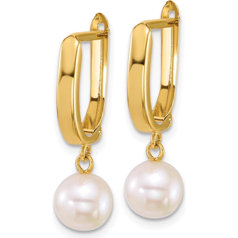 10K Yellow Gold Freshwater Cultured Pearl Dangle Leverback Earrings - 7-8mm Pearls