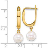 10K Yellow Gold Freshwater Cultured Pearl Dangle Leverback Earrings - 7-8mm Pearls