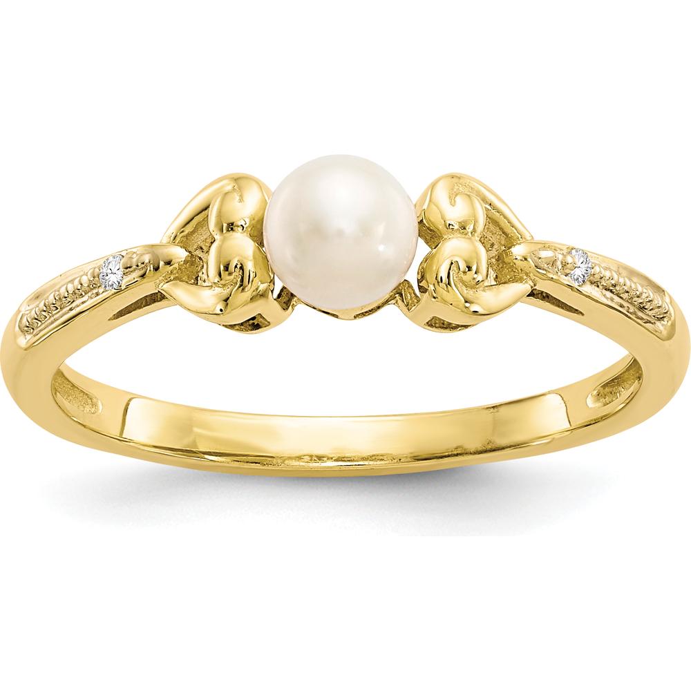 10K Yellow Gold Freshwater Pearl and Round Diamond Ring - 0.01 Carat Total Diamond Weight