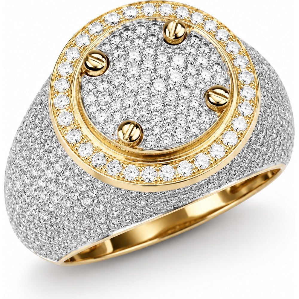 10K Yellow Gold Geometric Men's Ring with Pavé-Set Round Diamonds and Screw Motif - 1.77 Carat Total Diamond Weight by Auriventus