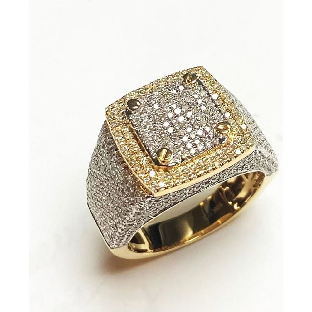 10K Yellow Gold Geometric Men's Statement Ring with Pave-Set Round Diamonds and Milgrain Border - 2.02 Carat Total Diamond Weight by Auriventus