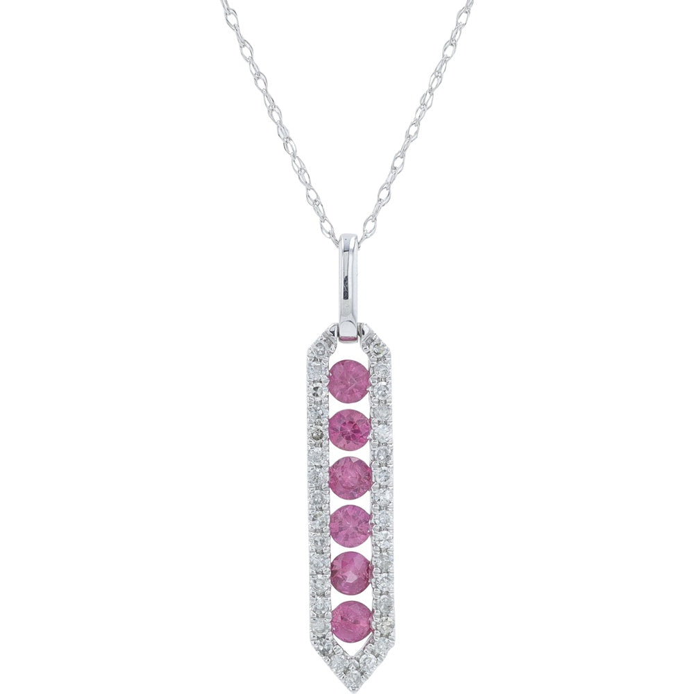 10K Yellow Gold Geometric Pendant Necklace with Six Round Rubies and Diamond Halo - 0.20 Carat Total Diamond Weight