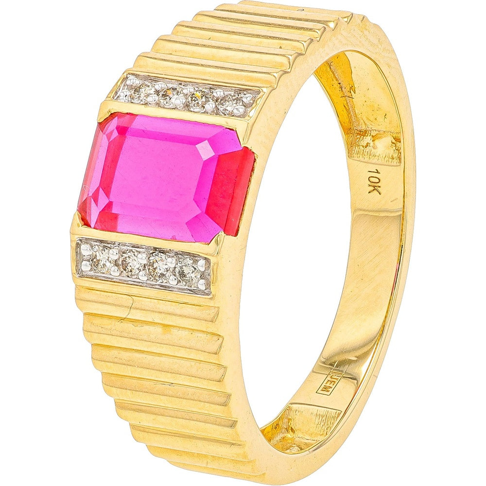 10K Yellow Gold Geometric Ribbed Band Ring with Emerald Cut Created Ruby and 0.10 Carat Round Diamond Accents