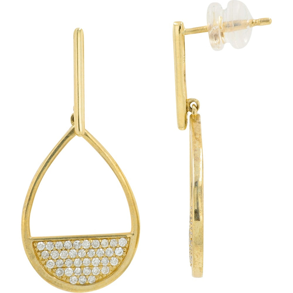10K Yellow Gold Geometric Teardrop Drop Earrings with Pavé Set Round Diamonds - 0.40 Carat Total Diamond Weight