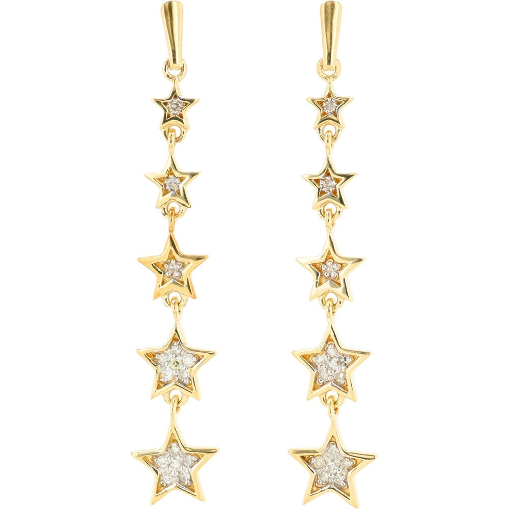 10K Yellow Gold Graduated Five-Star Drop Earrings with Single and Cluster Set Round Diamonds - 0.15 Carat Total Diamond Weight