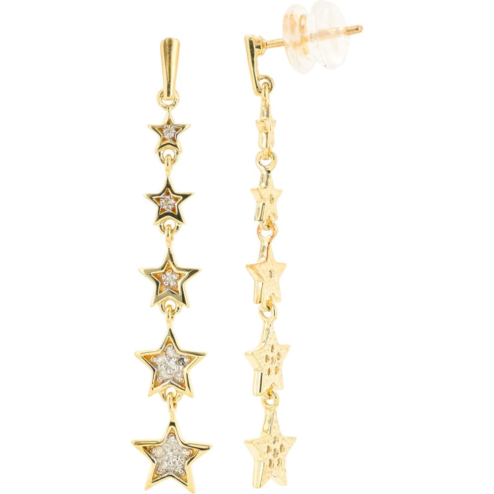 10K Yellow Gold Graduated Five-Star Drop Earrings with Single and Cluster Set Round Diamonds - 0.15 Carat Total Diamond Weight