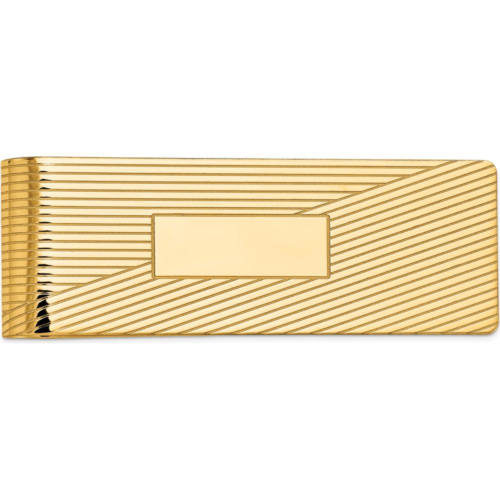 10K Yellow Gold Grooved Polished Men's Money Clip - Engravable