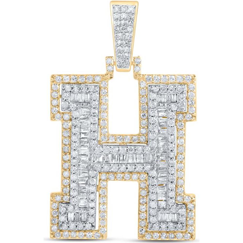 10K Yellow Gold H Initial Letter Charm Pendant with Round and Baguette Diamonds - 1 Carat Total Diamond Weight