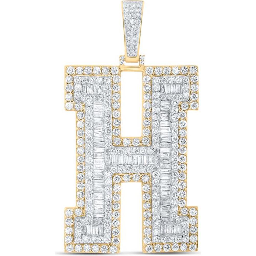 10K Yellow Gold H Initial Pendant with Channel-Set Baguette and Prong-Set Round Diamonds - 6.00 Carat Total Diamond Weight