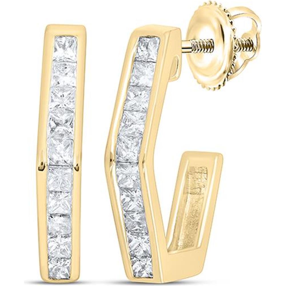10K Yellow Gold Half Hoop Earrings with Channel-Set Princess Cut Diamonds - 0.50 Carat Total Diamond Weight