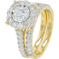 10K Yellow Gold Halo Bridal Set with 2.00 Carat Total Weight Lab Grown Round Diamond and Matching Diamond-Studded Bands