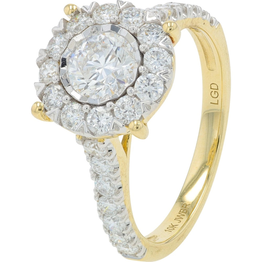 10K Yellow Gold Halo Bridal Set with 2.00 Carat Total Weight Lab Grown Round Diamond and Matching Diamond-Studded Bands