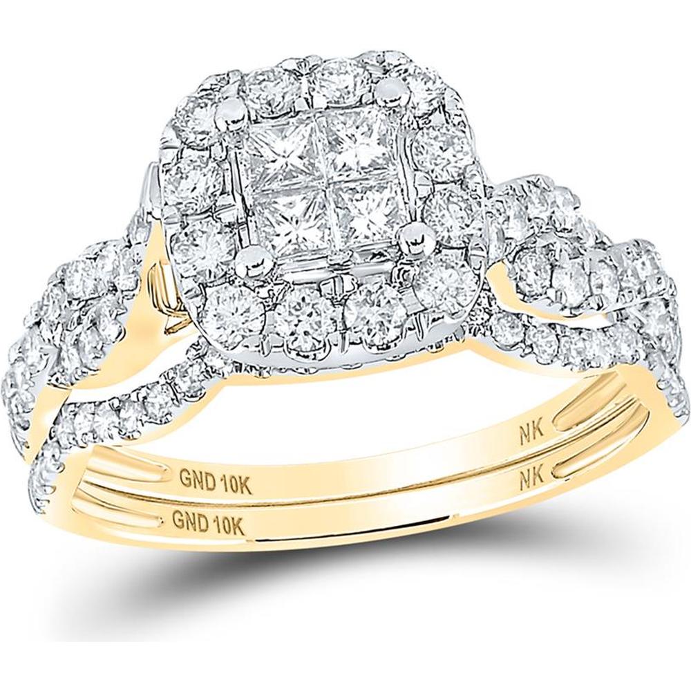 10K Yellow Gold Halo Bridal Set with Invisible-Set Princess and Round Diamonds - 1.00 Carat Total Diamond Weight