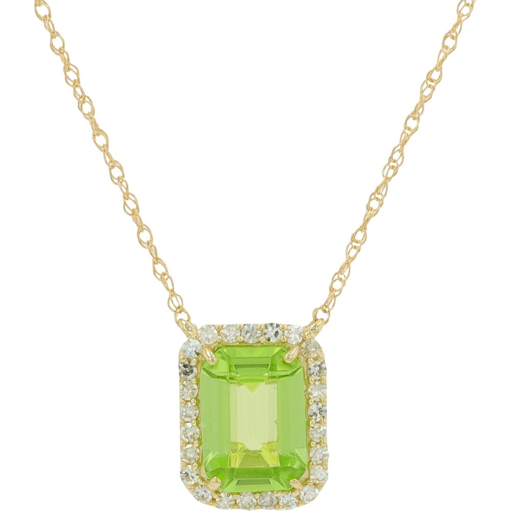 10K Yellow Gold Halo Necklace with Emerald Cut Peridot and Round Diamond Accents - 1.00 to 1.30 Carat Total Peridot Weight