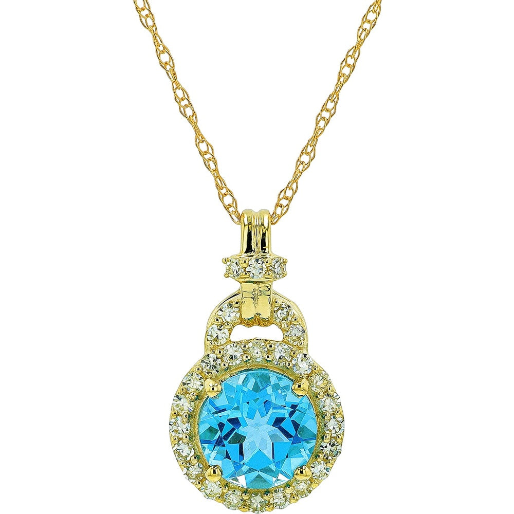 10K Yellow Gold Halo Pendant Necklace with Round Blue Topaz and Diamond Accents - 1.00 Carat Blue Topaz and 0.17 Carat Total Diamond Weight