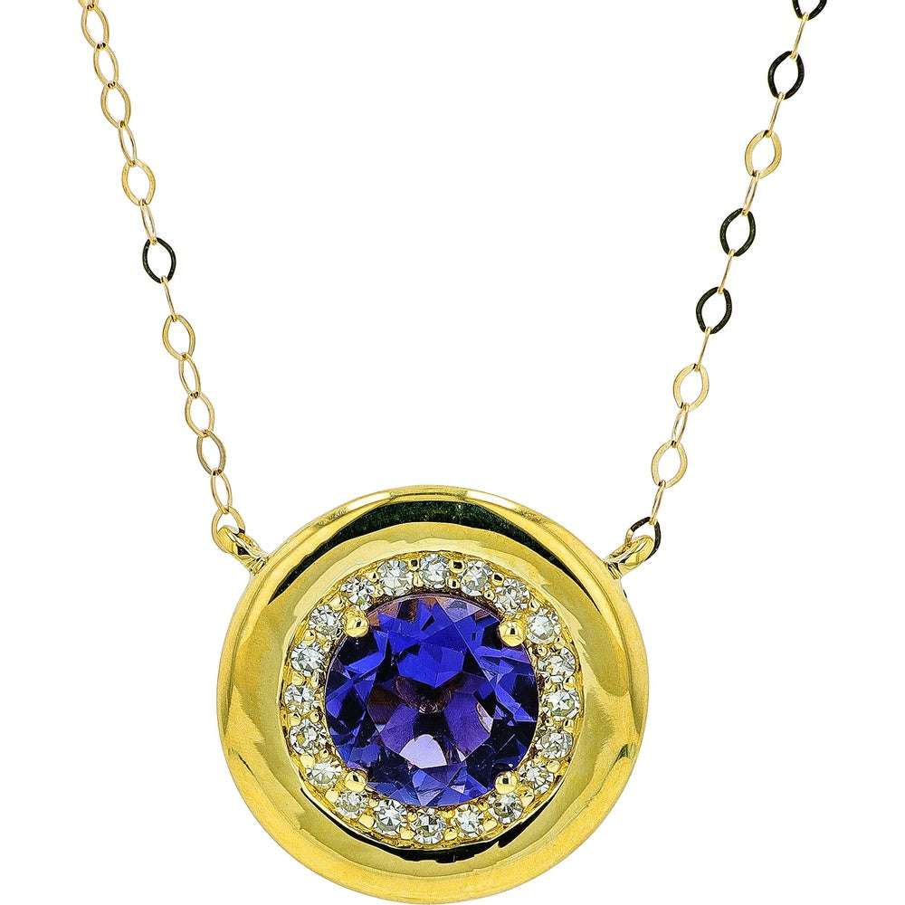 10K Yellow Gold Halo Pendant Necklace with Round Cut Iolite and Diamond Accents - 0.75 Carat Iolite and 0.10 Carat Diamond Total Weight