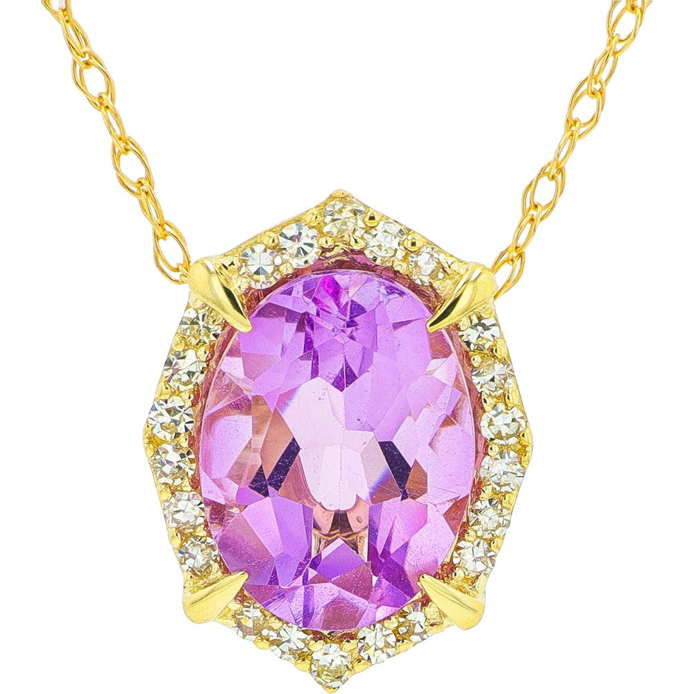 10K Yellow Gold Halo Pendant with Oval Amethyst and Diamond Accents - 1.00 Carat Amethyst and 0.10 Carat Total Diamond Weight