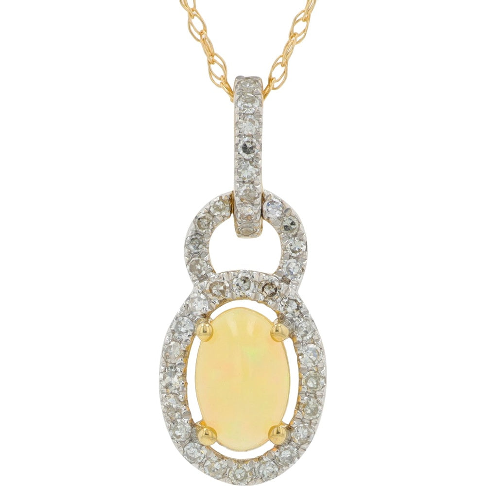 10K Yellow Gold Halo Pendant with Oval Cabochon Opal and 0.20 Carat Pavé-Set Round Diamonds