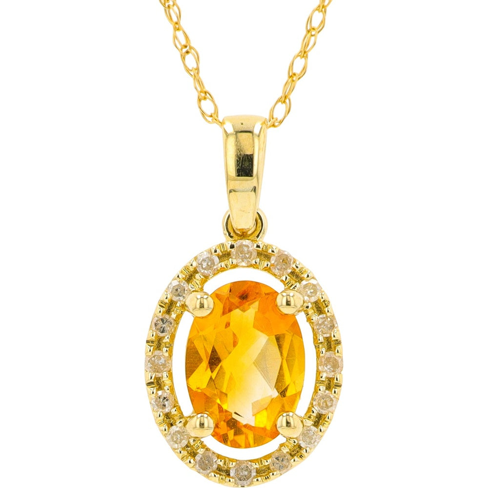 10K Yellow Gold Halo Pendant with Oval Citrine and Round Diamonds - 0.08 Carat Total Diamond Weight