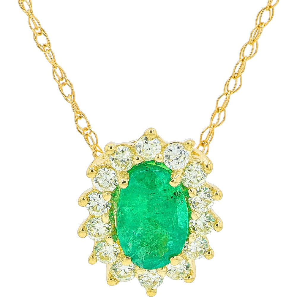 10K Yellow Gold Halo Pendant with Oval-Cut Emerald and Round Diamonds - 0.60 Carat Total Emerald Weight and 0.20 Carat Total Diamond Weight