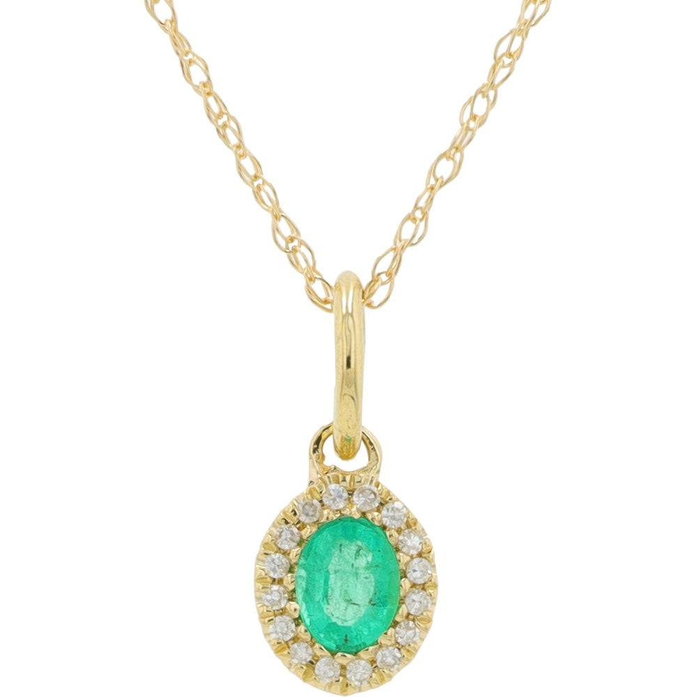 10K Yellow Gold Halo Pendant with Oval Emerald and Round Diamond Accents - 0.65 Carat Total Gemstone Weight