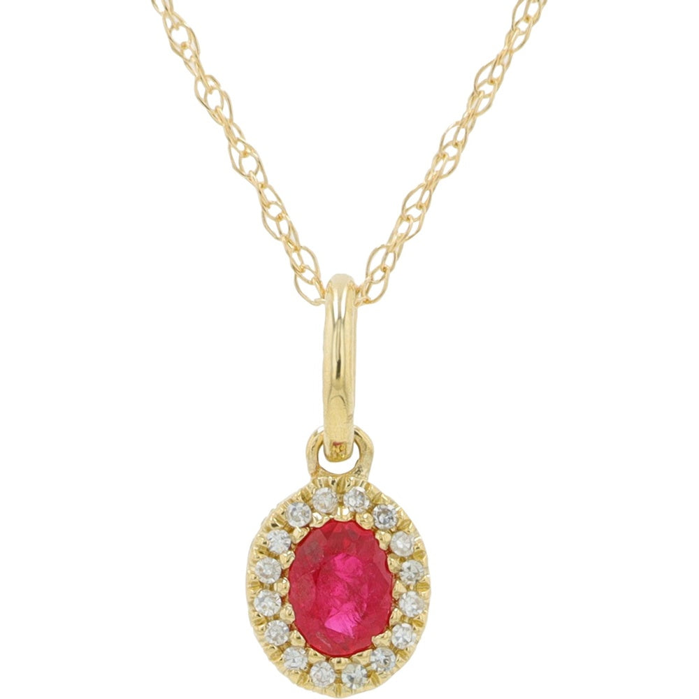10K Yellow Gold Halo Pendant with Oval Ruby and Round Diamond Accents - 0.65 to 0.75 Carat Total Ruby Weight