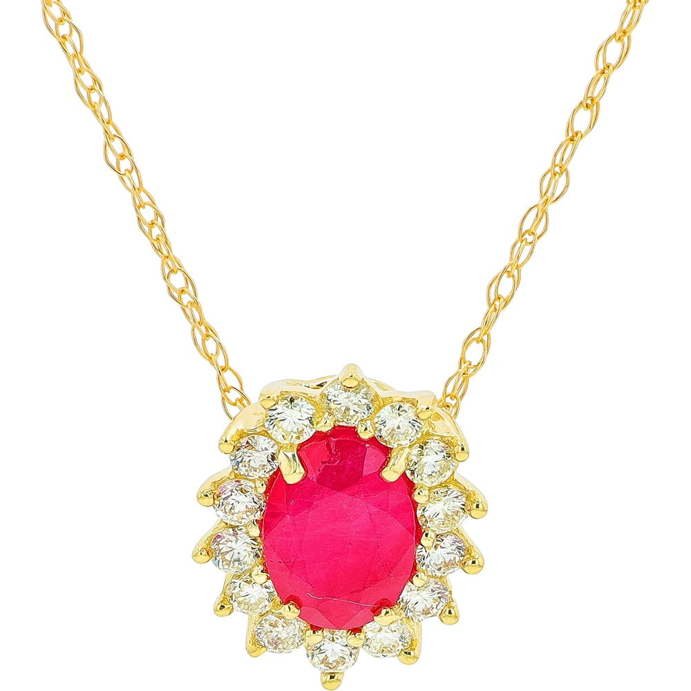 10K Yellow Gold Halo Pendant with Oval Ruby and Round Diamonds - 0.50 Carat to 0.60 Carat Ruby Weight and 0.20 Carat Diamond Weight