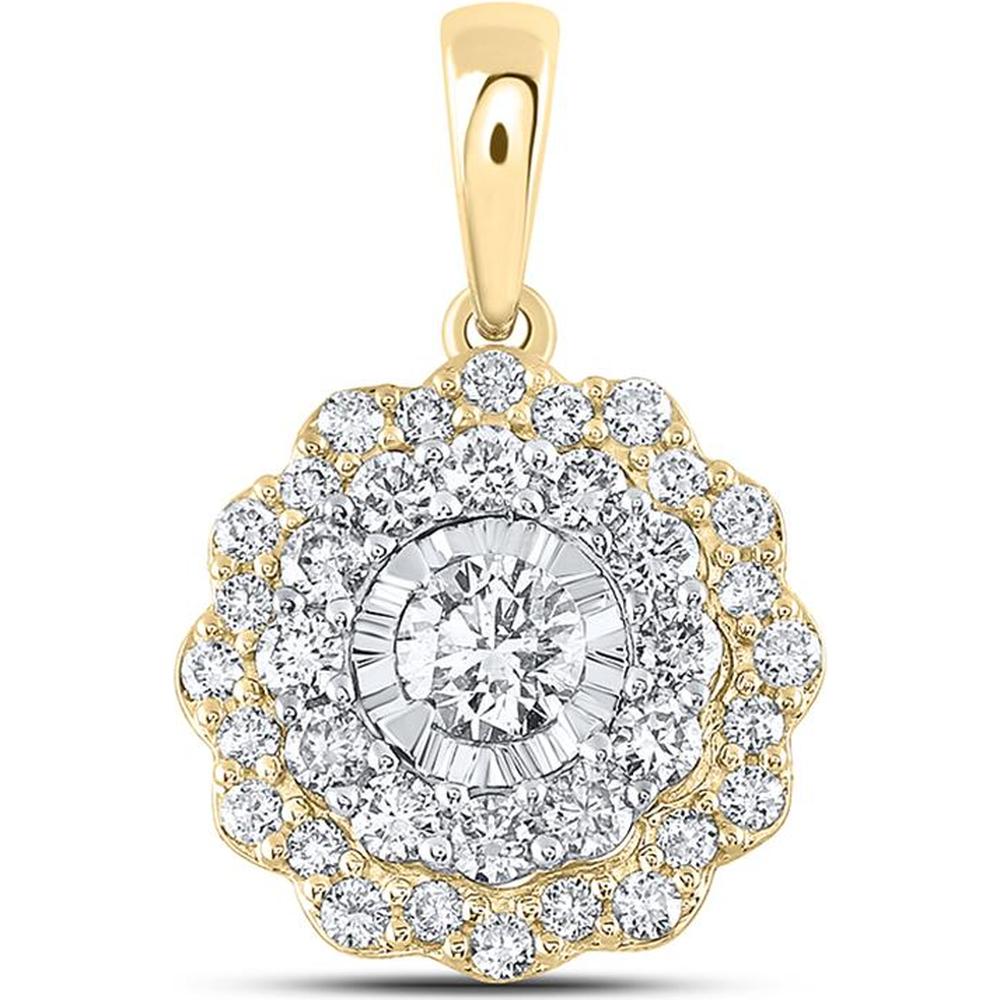10K Yellow Gold Halo Pendant with Prong-Set Round Diamonds - 0.75 Carat Total Diamond Weight