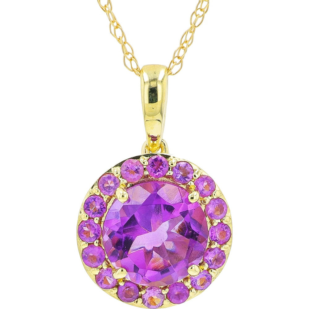 10K Yellow Gold Halo Pendant with Round Amethyst Center and Amethyst Accents - 1.25 Carat Total Gem Weight