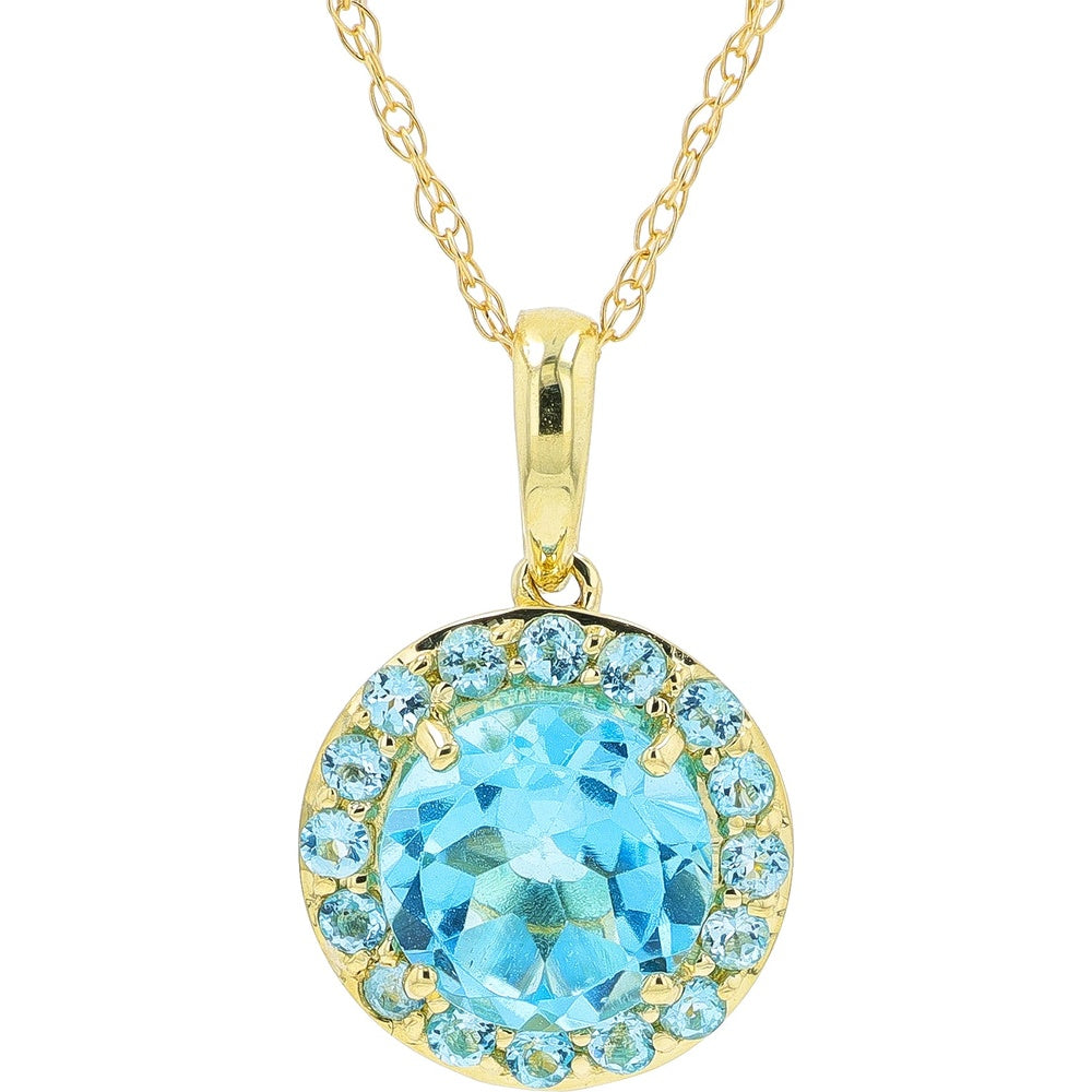 10K Yellow Gold Halo Pendant with Round Blue Topaz and Accent Stones - 1.00 to 1.25 Carat Total Gem Weight