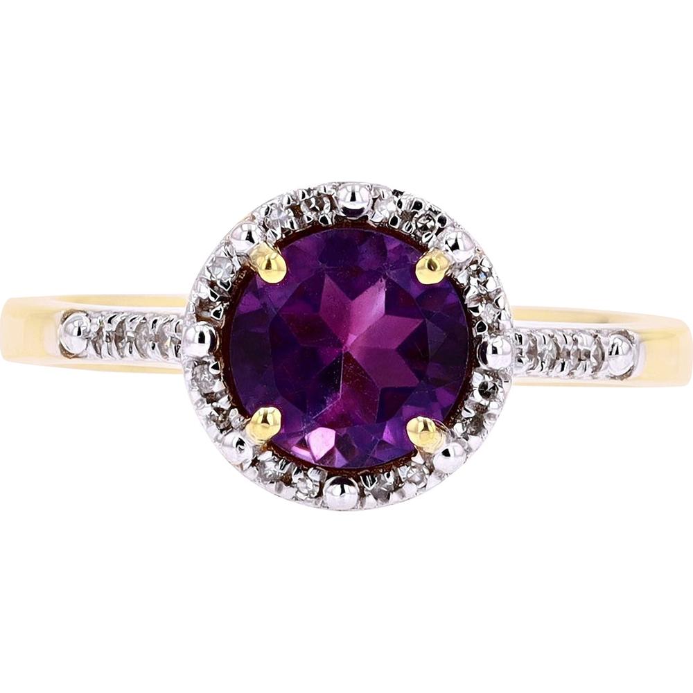 10K Yellow Gold Halo Ring with 1.0 Carat Round Amethyst and 0.15 Carat Diamond Accents