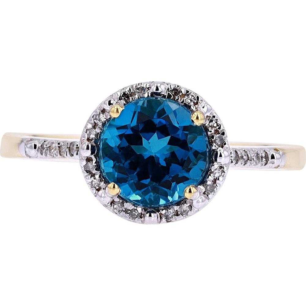 10K Yellow Gold Halo Ring with 1.50 Carat London Blue Topaz and 0.15 Carat Diamond Accents
