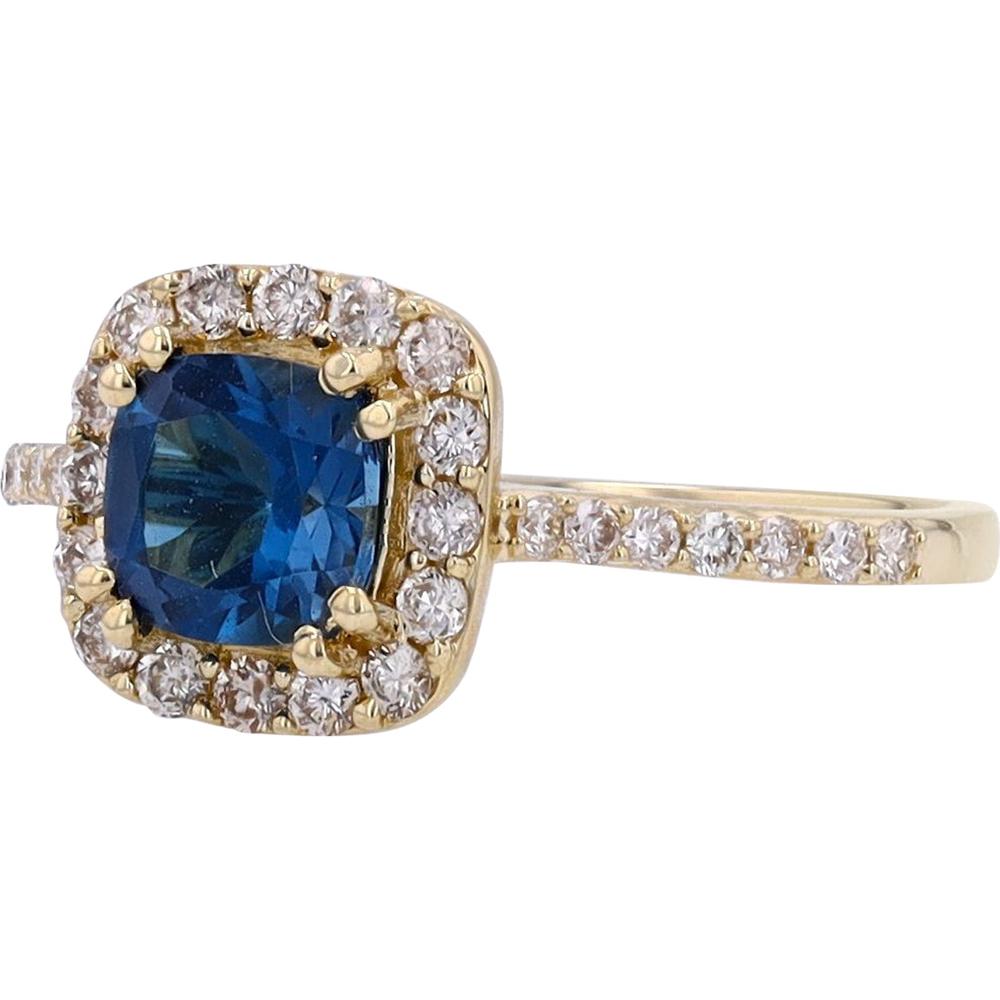 10K Yellow Gold Halo Ring with Cushion Cut London Blue Topaz and Diamond Accents - 0.35 Carat Total Diamond Weight