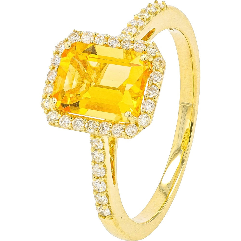 10K Yellow Gold Halo Ring with Emerald-Cut Citrine and Pavé-Set Diamonds - 1.50-2.00 Carat Citrine and 0.27 Carat Total Diamond Weight