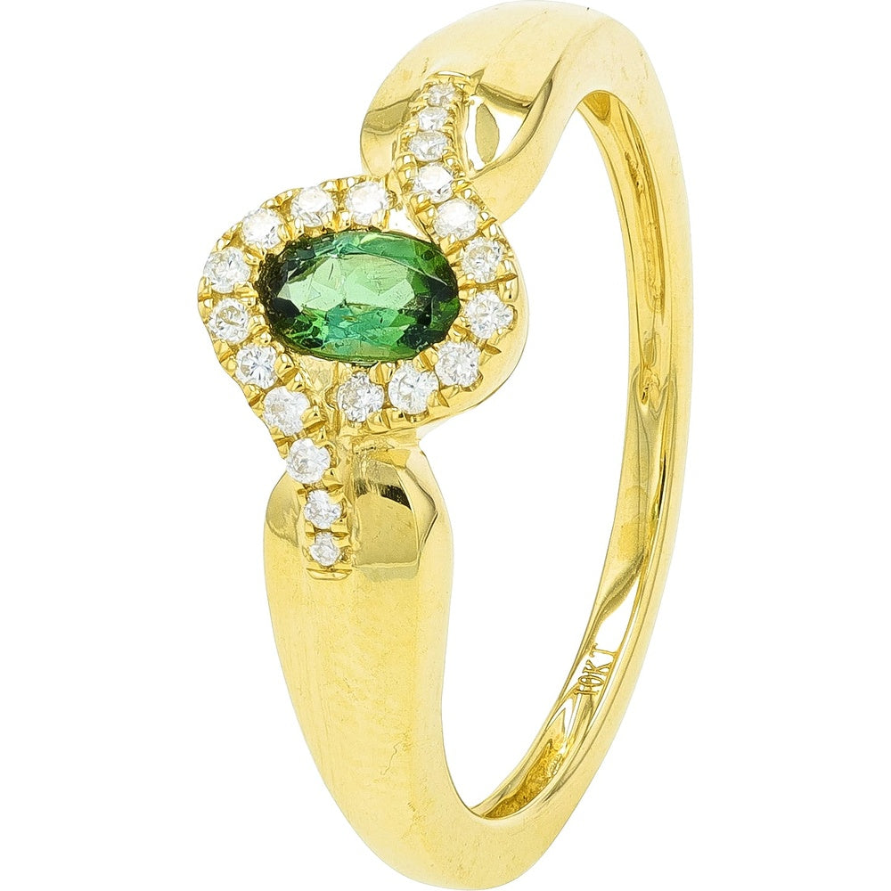 10K Yellow Gold Halo Ring with Oval Green Tourmaline and Round Diamond Accents - 0.25 Carat Total Gemstone Weight