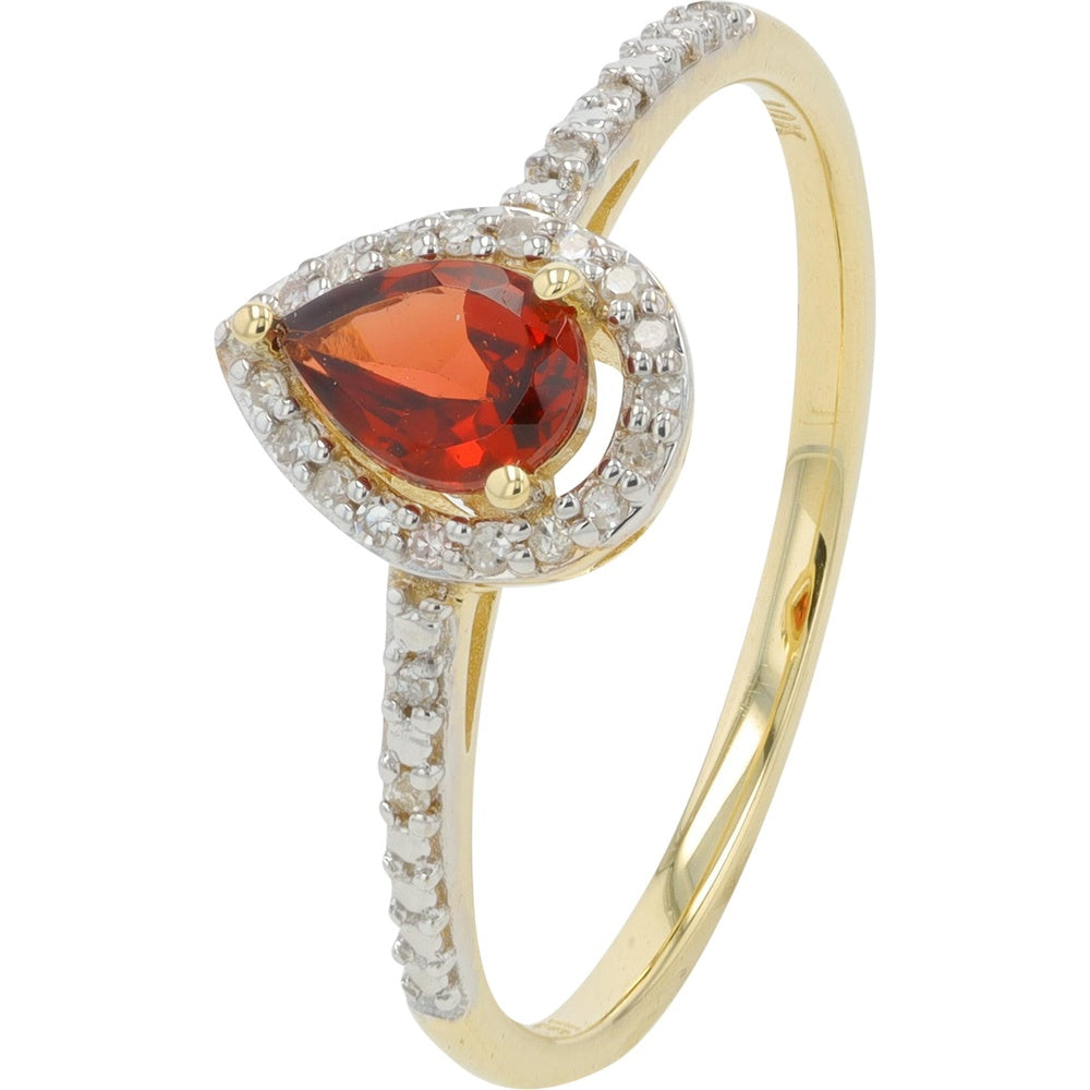 10K Yellow Gold Halo Ring with Pear-Cut Garnet and Round Diamond Accents - 0.06 Carat Total Diamond Weight