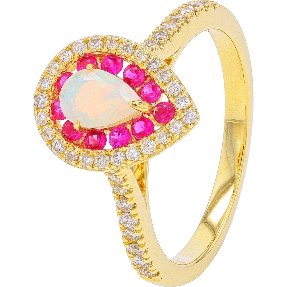 10K Yellow Gold Halo Ring with Pear-Shaped Opal, Round Ruby Accents (0.50 Carat Total), and Round Diamonds (0.30 Carat Total)