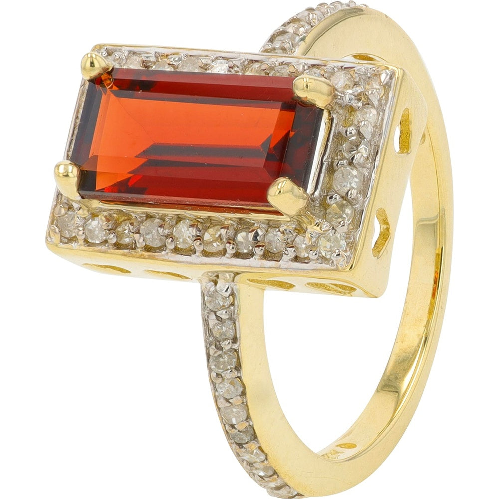 10K Yellow Gold Halo Ring with Rectangular Step-Cut Garnet and Round Diamond Accents - 0.25 Carat Total Diamond Weight