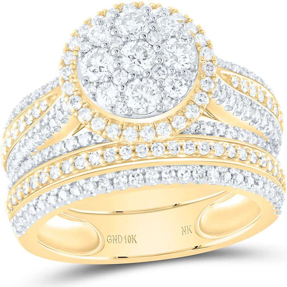 10K Yellow Gold Halo Round Diamond Cluster Bridal Wedding Ring Set - 1.50 Carat Total Diamond Weight