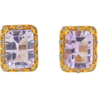 10K Yellow Gold Halo Stud Earrings with Emerald-Cut Amethysts and Milgrain Diamond Border - 0.07 Carat Total Diamond Weight