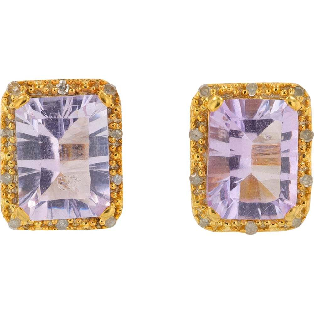 10K Yellow Gold Halo Stud Earrings with Emerald-Cut Amethysts and Milgrain Diamond Border - 0.07 Carat Total Diamond Weight