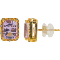 10K Yellow Gold Halo Stud Earrings with Emerald-Cut Amethysts and Milgrain Diamond Border - 0.07 Carat Total Diamond Weight